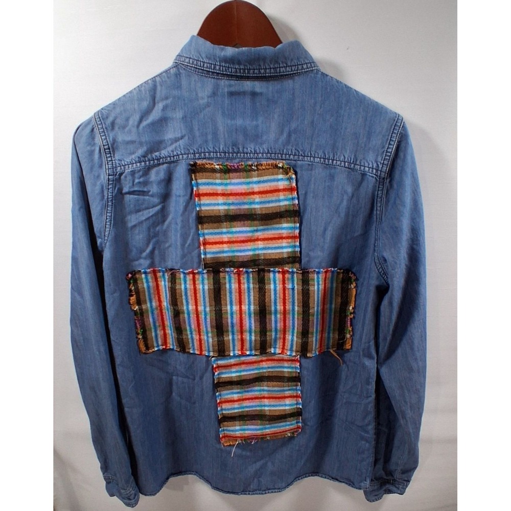 Ranch Royalty Chambray Denim Shirt Festival Boho Southwestern Patchwork Cross